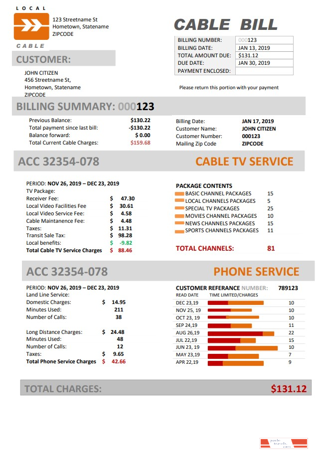 USA Marine Local Cable utility bill template in Word and PDF format (.doc and .pdf)